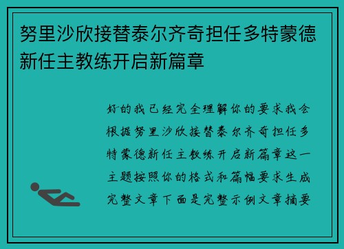 努里沙欣接替泰尔齐奇担任多特蒙德新任主教练开启新篇章